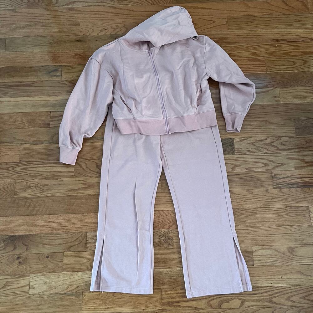 Pact Organic Courtside Set Full Zip Hoodie Wide Leg Split Pants Pink Womens L